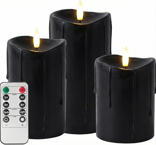 Image of Black Flameless Candles with Remote and Timer, Real Wax Made Wax Drip LED Pillar Candles Battery Operated with 3D Flickering Flame Melted Top - 3 inch x 4 inch,5 inch,6 inch - Set of 3