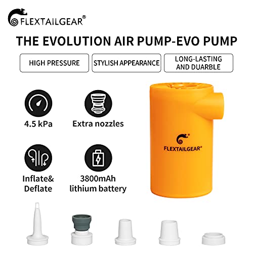 Flextailgear Evo Electric Air Pump With Rechargeable Battery Powered Portable Mini Air Mattress Pump 4.5 Kpa High Pressure For Swimming Ring, Boat, Pool Inflatables, Bed Mattress, Camping (Orange) #TOP1