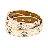 Armband: Leder-Wickelarmband für Damen und Mädchen mit sternförmigen Nieten und Blumen aus filigranen Nieten und Strass-Steinen mit der Größe 39,00 cm x 1,50 cm