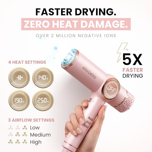 Image of ELLA BELLA Ionic Hair Dryer with Diffuser - Negative Ion Blow Dryer, Quiet