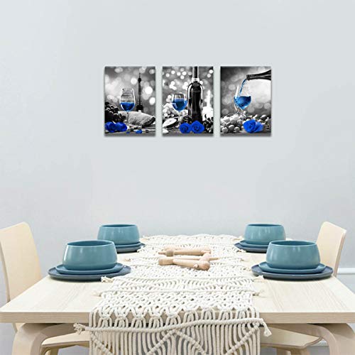Wine Decor Kitchen Canvas Art Blue Wine Rose Artwork For Home Walls Black And White With Blue Wine Painting Printed Rose Art Dining Room Decor Blue Kitchen Pictures Wall Decor Stretched 12X16Inchx3 #TOP7