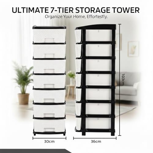 Image of KITCHIVO Plastic Modular Drawer Storage Chest Of Drawers Organizer Storage Box, Large Stomo Racks For Multipurpose Anti-slip Shoes Organizers (White & Black, 7 Layer)