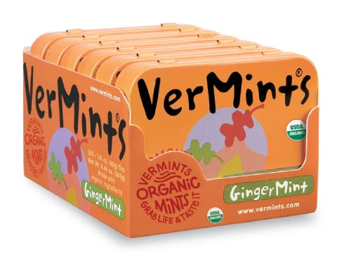 VerMints Organic Breath Mints sabor a menta de jengibre, todo natural, sin OMG, sin nueces, sin gluten, vegano, KSA Kosher, paquete de 6, latas de