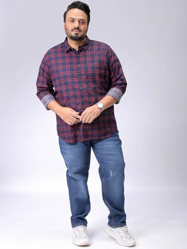 Image of Hardsoda by The Indian Garage Co Men Plus Size Regular Fit Checkered Cutaway Collar Full Sleeves Casual Shirt