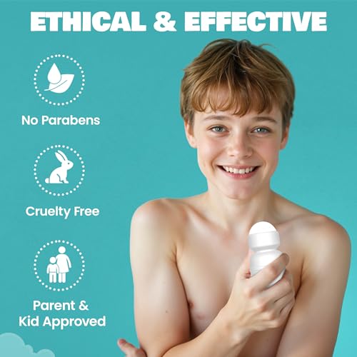 Fresh Kidz Roll On Deodorant for Kids and Teens - Baking Soda and Aluminum-free 24 Hour Protection for Sensitive Skin - Unscented "Green" 1.86 fl.oz. (3 Pack)