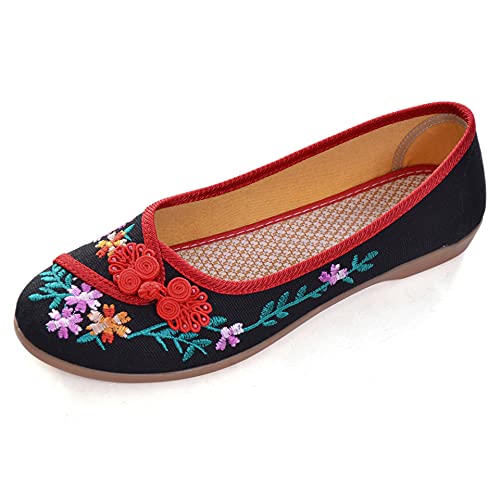 LUXINYU Women's Slip on Flats,Traditional Chinese Style Embroidered Round Toe Ballet Flats Shoesï¼ŒBlack 7.5