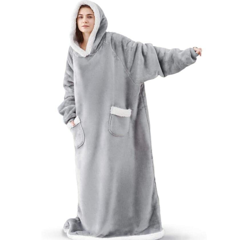 Nvatorfox 5FT Oversized Wearable Blanket Hoodie Flannel Sherpa Fleece Warm Cozy Christmas Wrap Throw Gifts for Adult (Grey) - image 1