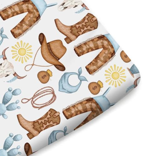 Image of Blue Western Cowgirl Cowboy Fitted Baby Crib Sheet for Boy Girl 52 inchx28 inch Desert Cowboy Hat Boot Sun Cactus Soft Breathable Baby Crib Mattress Bed Sheet Fits Standard Crib and Toddler Mattress