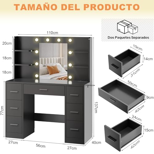 Airfish Tocador de Maquillaje con Luces LED, Brillo Ajustable, Mesa Tocador con 7 Cajones de Almacenamiento y Enchufes, Gran Espejo de 10 Bombillas y 6 Estantes, Moderno, 110 x 40 x 137 CM Negro - imagen 3