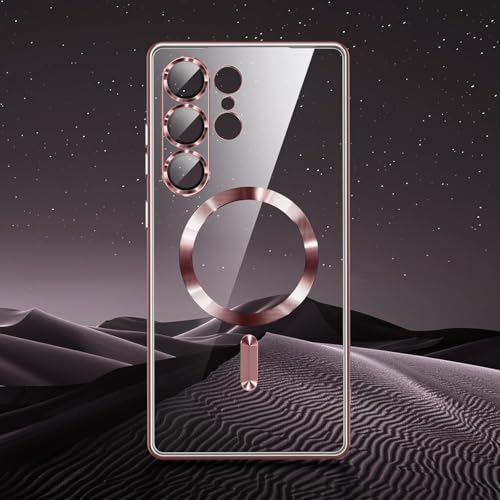 Image of VONZEE Clear Logo Electroplating Transparent Case for Samsung Galaxy S26 Ultra 5G, Magnetic Plating [Support for MagSafe Charger] Electroplate TPU Cover- Rose Gold