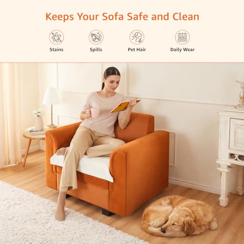 Image of Amazon Basics Knitted Fabric Sofa Cover for Single Seater, Playful Polka Dots, Non-Slip Sofa Pad, 70x70 cm, Soft Silicone Grip Dots, 100% Polyester, Machine Washable - Camel
