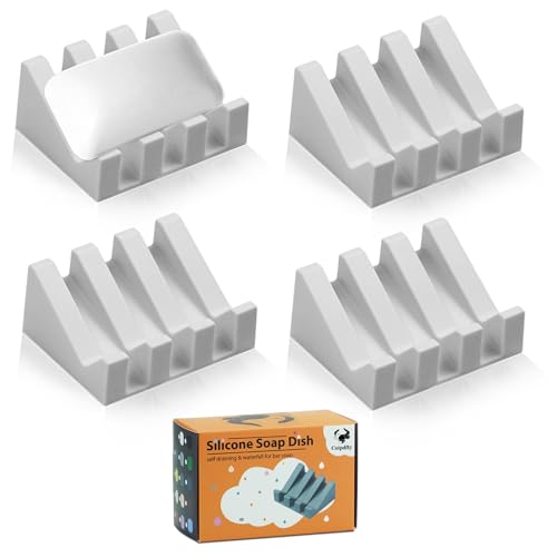 Coipdfty Self Draining Soap Dish Holder,Silicone Soap Dish,for Bathroom,Kitchen, Sponges，Can Extend Soap Life，Keep Soap Bars Dry and Easy Cleaning (N-Light Grey,4-Pack)