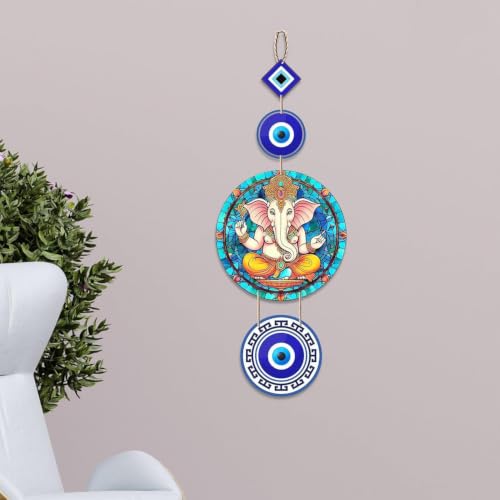 Image of Pack of 2 Owl Evil Eye Wall Hanging Decor, Colorful Wooden Nazar Protection Charm for Home, Entrance & Living Room, Vastu & Feng Shui Hanging (Multicolour) (Ganesha Mosaic & Elephant Hamsa)