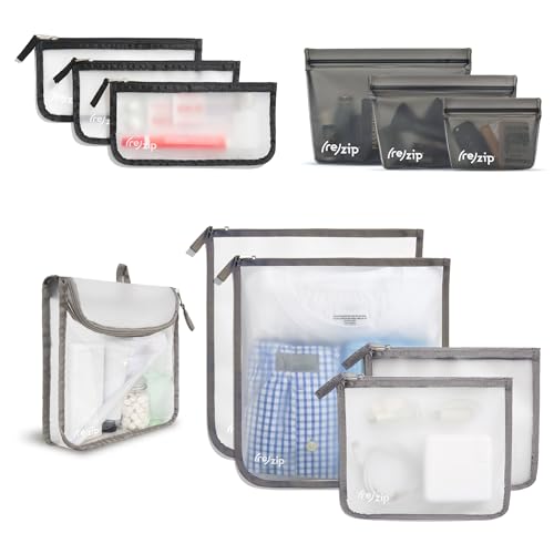 (re) zip 11-Piece Travel Organization Kit | TSA-Compliant Travel Quart, Small, Medium, & Gallon Zippered Bags, and 3 Leakproof Stand Up Bags |For Documents, Toiletries, Snacks & More