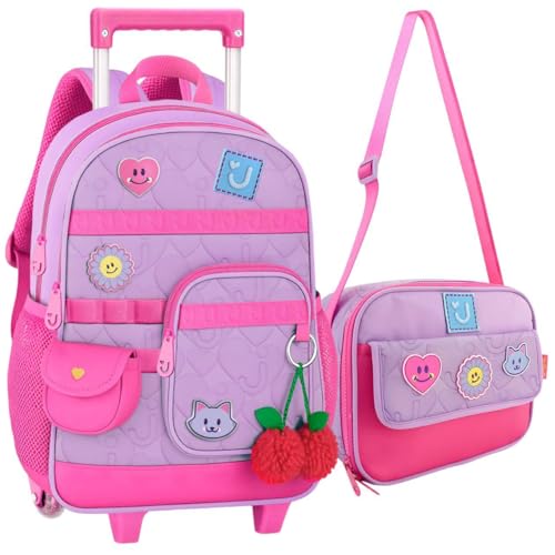 Juju Mochila Escolar de Rodinhas com Lancheira Térmica, Conjunto Infantil com Alça Telescópica, Bolsos Organizadores, Material Resistente, P/Meninas (Lilás)