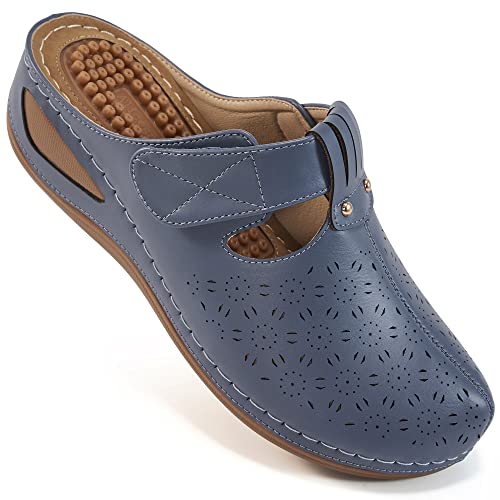Alicegana Womens Mules Comfortable Summer Closed Toe Sandals Casual Lightweight Slip On Wedge Shoes Adjustable Hook Loop Blue #TOP17