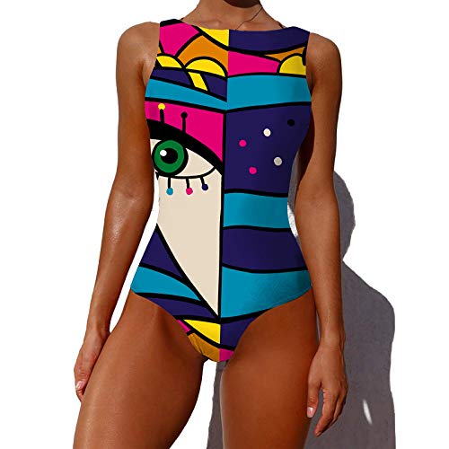 Maillot de bain col haut pour femme avec imprimé graffiti bleu en taille L