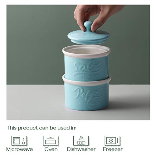 Dowan Farmhouse Salt And Pepper Bowls, 9 Oz Salt Pepper Cellar, Stacking Ceramic Salt Pepper Container With Lid, Farmhouse Kitchen Decor For Countertop, Set Of 2, Turquoise #TOP3