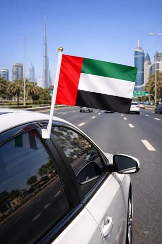 علم سيارة لليوم الوطني الامارات العربية المتحدة، 30 × 45 سم، مع عصا بلاستيكية 50 سم ومشبك تثبيت على النافذة، لتزيين القيادة في الهواء الطلق