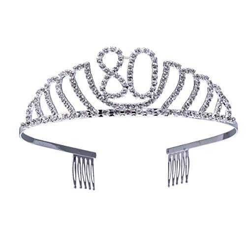 FRCOLOR per Compleanno 80 Anni Cerchietto Diadema Principessa Donna Tiara Strass Cristallo con Pettine (Argento)