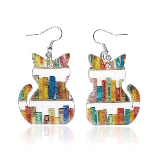 twinkle eye Cat Book Earrings Acrylic Dangle Earrings Cat Lover Gifts Book Lover Gifts for Women Librarian Back To School For Teacher