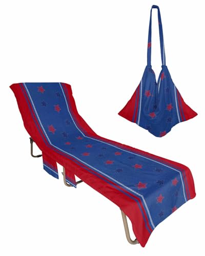 Red Blue Flag Beach Chair Towel Covers for Chaise Lounge with Side Pocket, Soft Plush Pool Towels Cover for Patio Sunbathing Outdoor 29''x85'' 4th of July Independence Day Stripes Stars