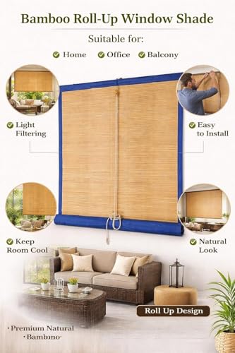 Image of BambooAura Natural Bamboo Roll-Up Window Shade Blind | Light Filtering Bamboo Chick Curtain | Eco-Friendly Sun Protection (4ft x 7ft - W x H) (Natural Beige with Dark Green Border, (5ft x5ft -W x H))