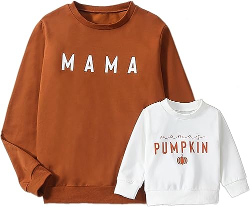 Image of BULINGNA Mommy and Me Matching Outfit Letter Print Sweatshirt Family Matching Halloween Thanksgiving Christmas Pullover Shirt