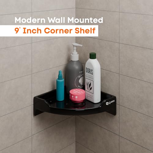 Image of Qbath 9 Inch Ceramic Corner Bathroom Shelf - Black |Wall-Mounted Black Ceramic Rack with Drainage Holes|Space-Saving Corner Shelf for Shampoo, Soap & Toiletries|Water-Resistant & Easy to Clean