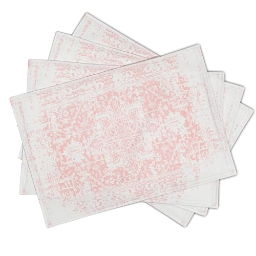 Image of Gray Pink Boho Placemats Set of 4 Ethnic Bohemian Carpet Place Mats Washable Kitchen Dining Vintage Grey Geography Floral Linen Table Mats Stain Heat-Resistant for Home Party Indoor 12x18 in