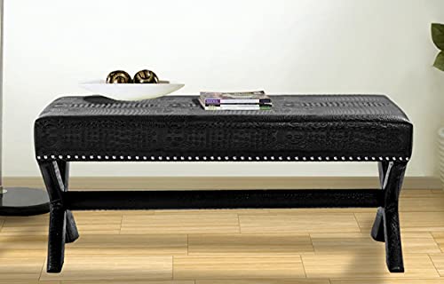 Iconic Home Neil Velvet Modern Contemporary Button Tufted With Silver Nailheads Seating, Frame And Legs X-Leg Tufted Bench, Plum #TOP30