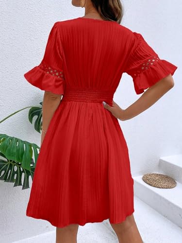 Image of Womens Summer Dresses V-Neck Lace Insert Flounce Casual Lightweight Sleeve Midi Dresses for Women 2025 Trendy