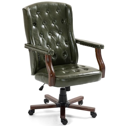 ECOTOUGE Ergonomic Executive Office Chair, Tufted Faux Leather Home Office Desk Chair, Vintage Wingback Swivel Work Chair, Classic Retro Computer Chair, Green