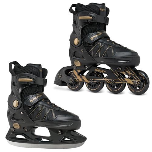 RAVEN Expert 2in1 Schlittschuhe Hockey Inline Skates Inliner für Kinder und Erwachsene verstellbar (Gold, 43-46 (28-30,5cm))