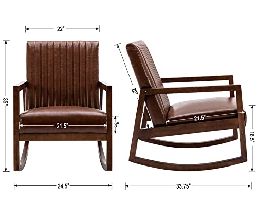 Cimota Leather Modern Rocking Chair Mid Century Armchair Upholstered Arm Chair With Padded Seat/Wood Frame, Comfy Rocker For Living Room/Bedroom, Retro Dark Brown Pu #TOP1