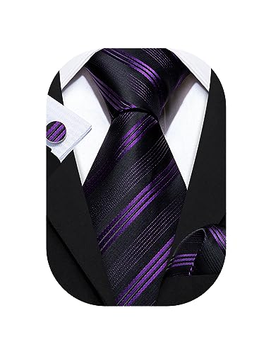 Barry.Wang Man Striped Ties Set Silk Woven Pocket Square Necktie Cufflinks Formal Party Business Purple