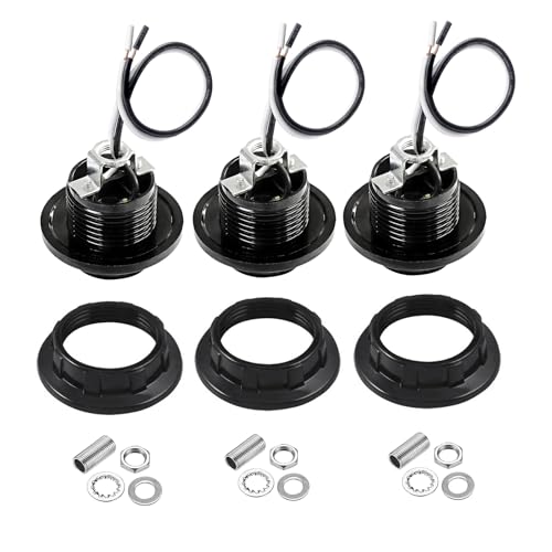 TWDRTDD E26 Medium Base Light Socket with Shade Ring, UL Listed Pre-Wired Lead 6 Inches Lamp Holder, Black (Riveting Type, 3)