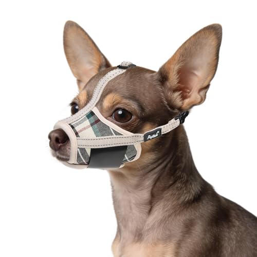PUPTECK Dog Muzzle, Soft Adjustable Loop Reflective Pet Muzzle Prevent Biting Barking Chewing, Breathable Muzzle with Air Mesh Dog Mouth Guard Drinkable for Large Medium Small Sized, Beige Plaid S