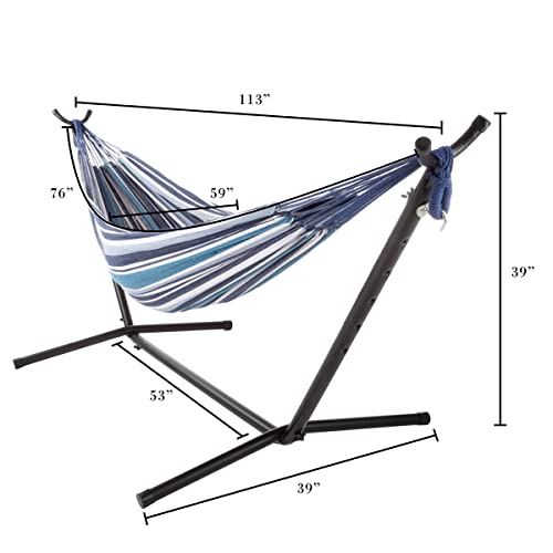 Double Brazilian Hammock With Stand Included – Woven Cotton, 2-Person, Outdoor Swing With Frame For Camping, Backyard, Or Patio By Pure Garden (Blue) #TOP1