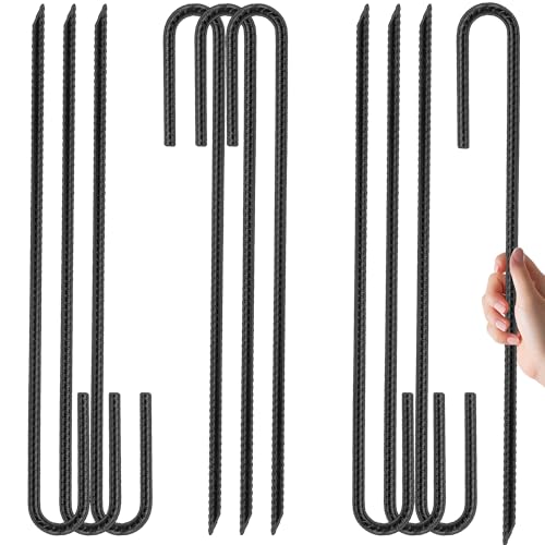 Kingsyard 10 Pack Garden Stakes, 12 Inch 1/4 Inch Diameter Galvanized Steel J Shape Hook Rebar Stakes, Multi-Purpose Tent Stakes for Yard, Hoses Landscape, Fences, Black