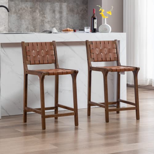 Butacos Modernos de Altura para Barra, Juego de 4 Unidades, Asiento con Cintas Tejidas en Poliuretano y Espalda Abierta, Color Madera Walnut, con Reposapiés, para Barra, Comedor o Isla de Cocina, Marrón miniatura 3
