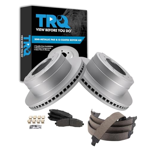 Image of TRQ Rear Brake Pad & Rotor Kit Parking Brake Shoe Set Semi-Metallic Premium G-Coated Compatible with 2013-2019 Ford F-350 Super Duty 2013-2014 F-450 Super Duty