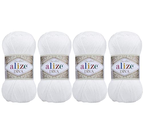 100% Microfiber Acrylic Alize Diva Silk Effect Knitting Sport Crochet Yarn Lot Of 4 Ball Skeins 400Gr 1532Yds Color (55 White) #TOP30