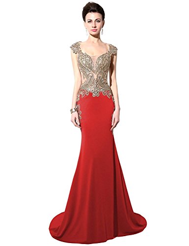Sarahbridal Women's Gold Applique Beaded Prom Dress Long 2020 Mermaid Evening Ball Gowns with Sleeve Red US2