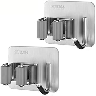 Broom Mop Holder, LS&GHY 2-Pack Stainless Steel Wall Mounted Self Adhesive Brush Handle Holders with Hook Hanger for Bathroom, Kitchen, Office, Closet, Garden Garage, Utility Room Tools Rack Storage