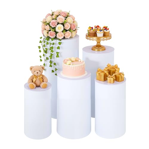 5PCS Cylinder Pedestal Stands for Parties, White PVC Cake Stand Round Cylinder Stands Pedestal Display Plinth Pillars Dessert Table Pedestal for Wedding Birthday Party & Dessert (White, 5PCS)