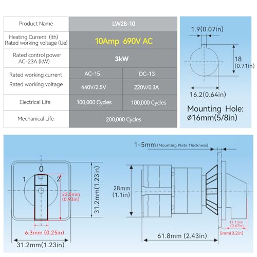 Interrupteur rotatif miniature 10A 16mm inverseur de source triphasé 690V