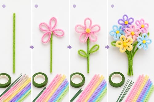 Image of Pipe Cleaners for Craft Flower Making Set, Fuzzy Chenille Stems and Fluffy Sticks with Floral Tape and Wire, for Kids Arts and Crafts (pipe cleaners-100 /stem wire-25 /green tape-3)