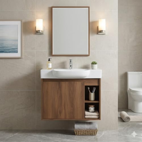 Image of 24 inch Bathroom Vanity with Ceramic Sink, Modern Wall-Mounted Bathroom Vanity with Soft-Close Door & 2 Open Storage Shelves for Home, Farmhouse, Undermount Storage Cabinet, Easy to Clean, Brown