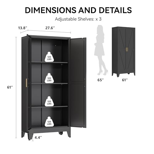 Image of COFaR 61 inch Metal Pantry Cabinet in Black, Modern Storage Cabinet with Adjustable Shelves, Sturdy Metal Cupboard for Kitchen, Office, Living Room & Bathroom Organization